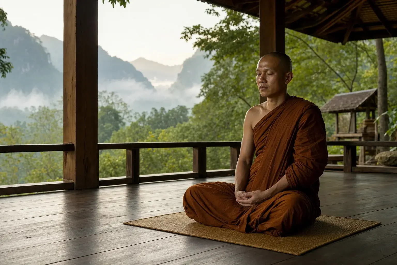 Thai Forest monk practising Anapanasati breath meditation in a quiet forest setting