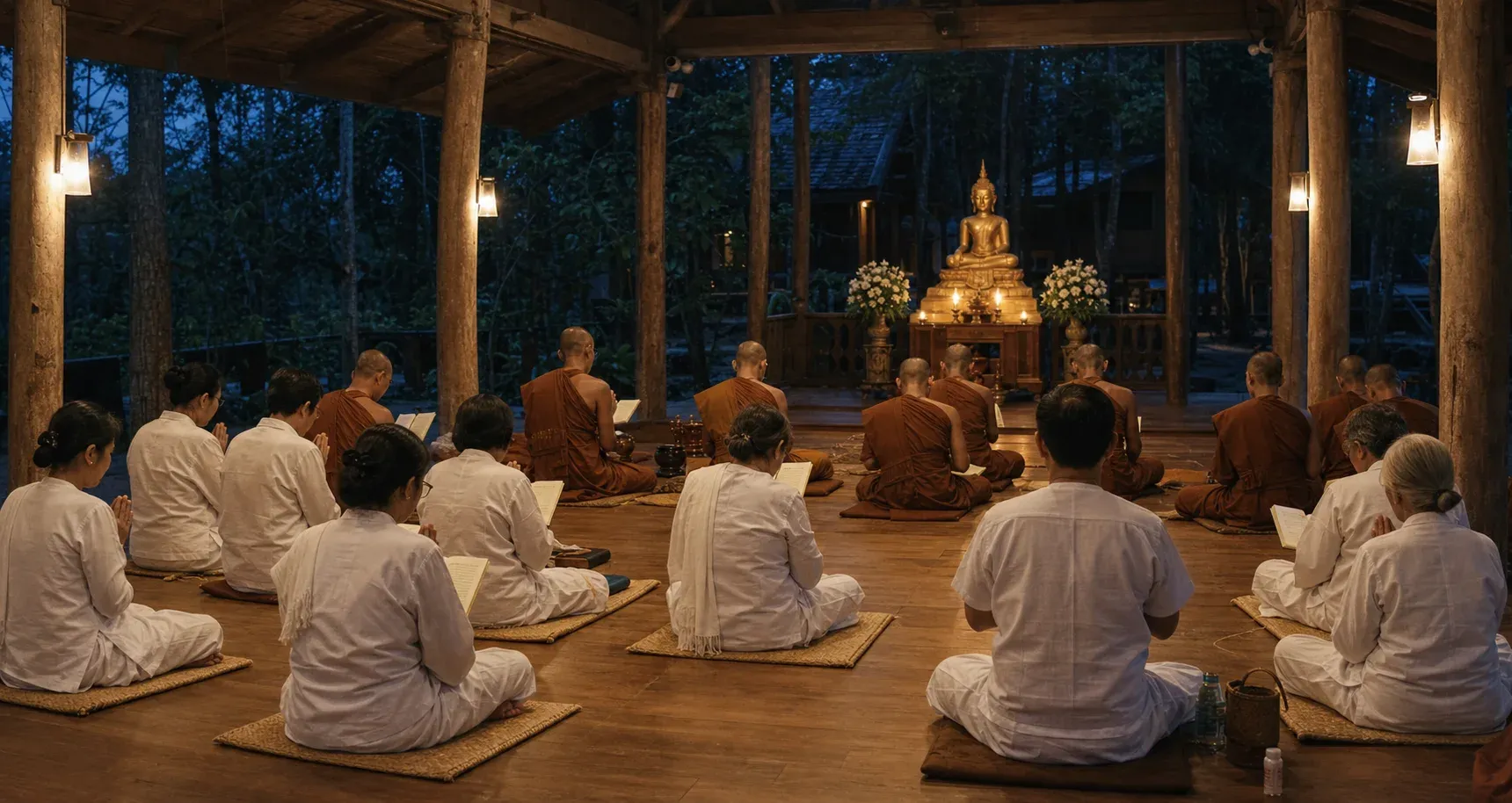 พระสงฆ์และฆราวาสทำวัตรเย็นในวัดป่า