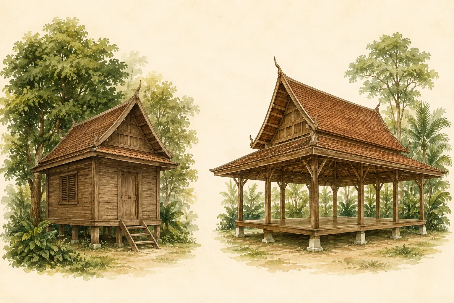 Illustration of a small dwelling and an open-sided pavilion