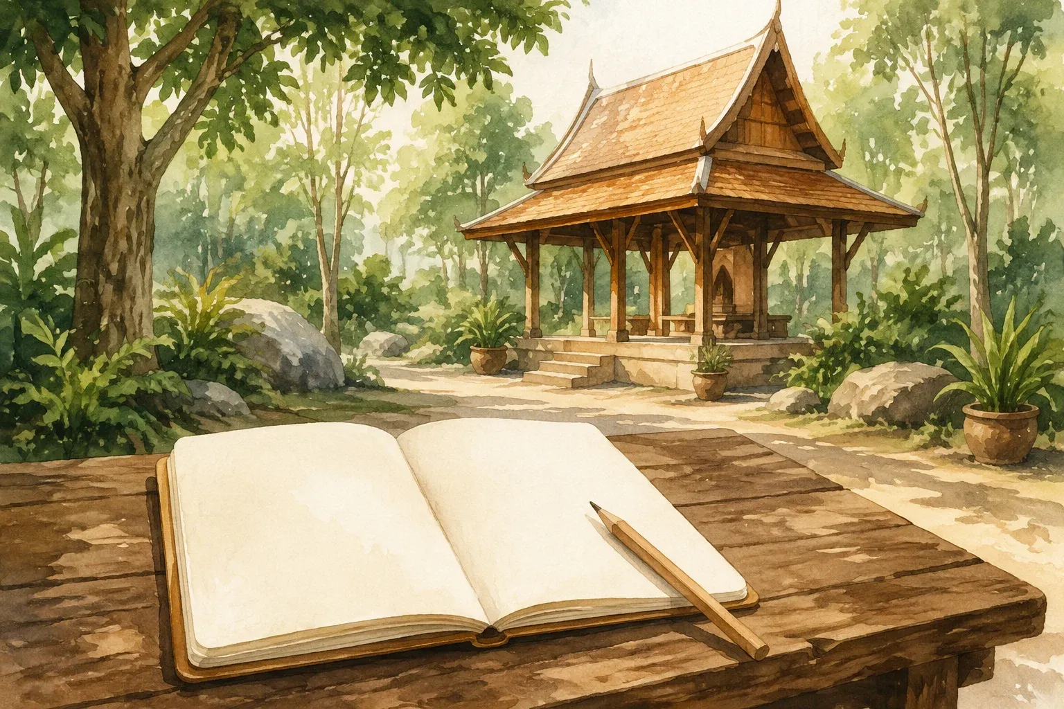插画:笔记本与寺院风格的凉亭
