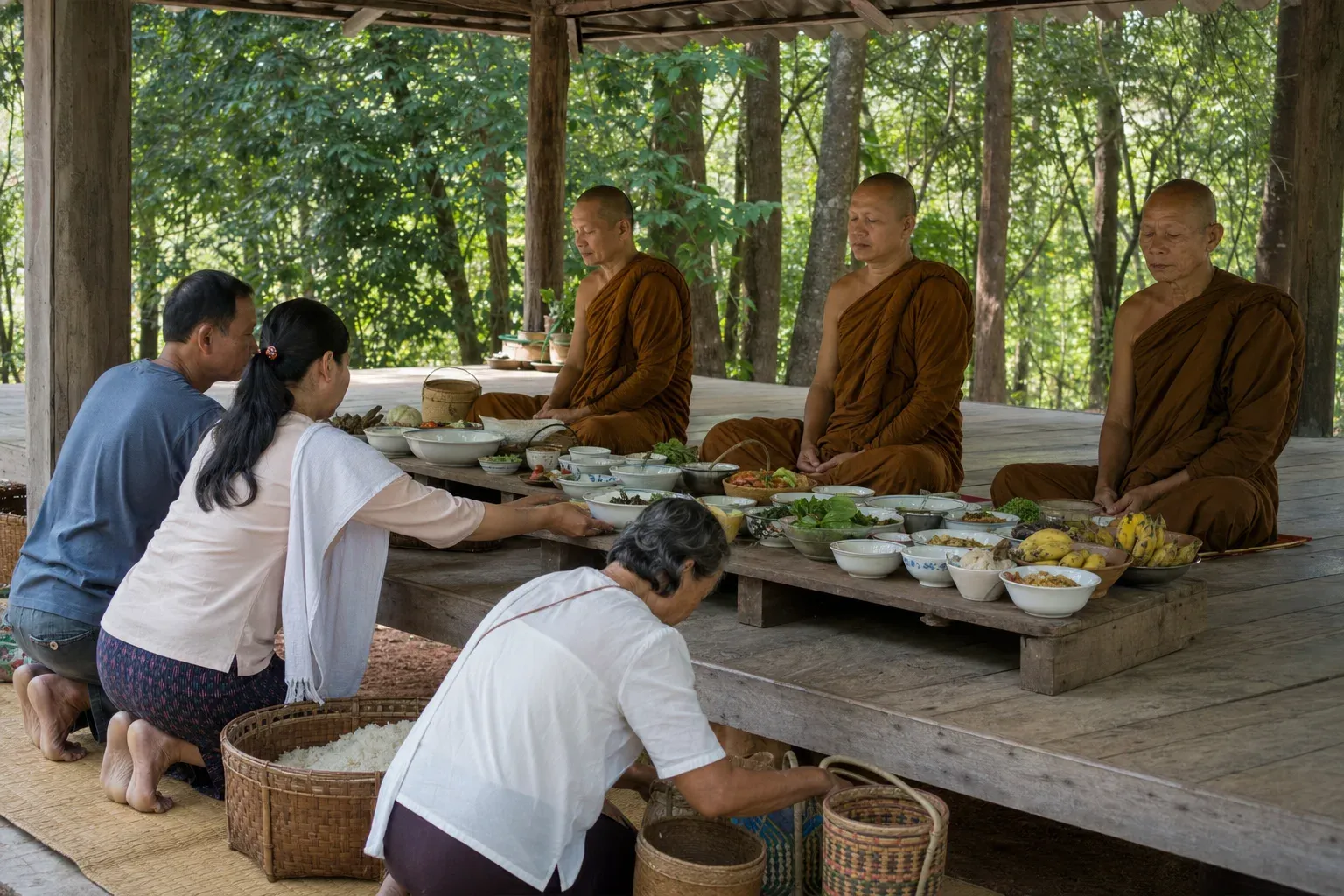 ภาพประกอบฆราวาสจัดภัตตาหารถวายพระสงฆ์สายวัดป่าก่อนเที่ยง