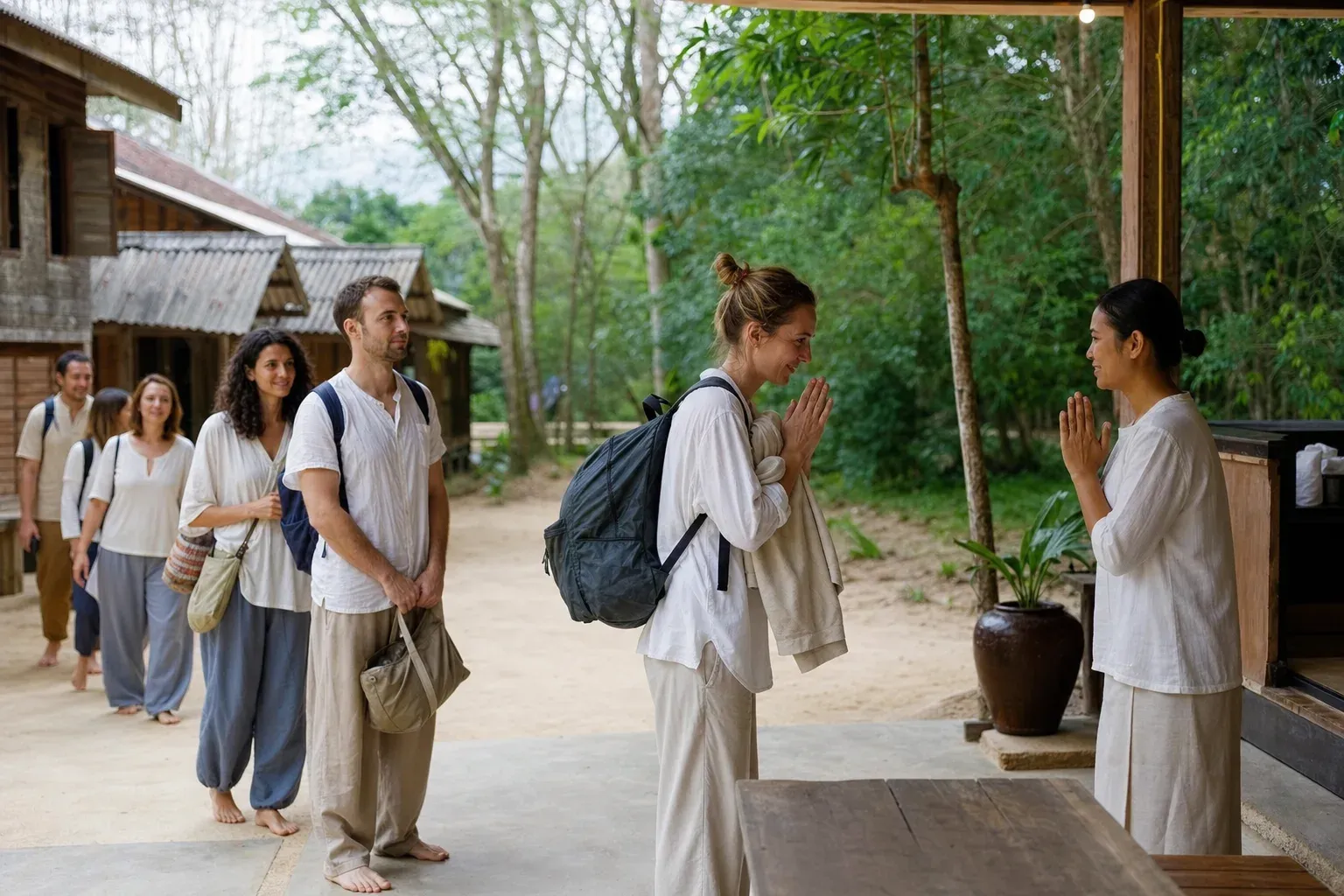 International retreat visitor arriving at the information area of a Thai Forest monastery
