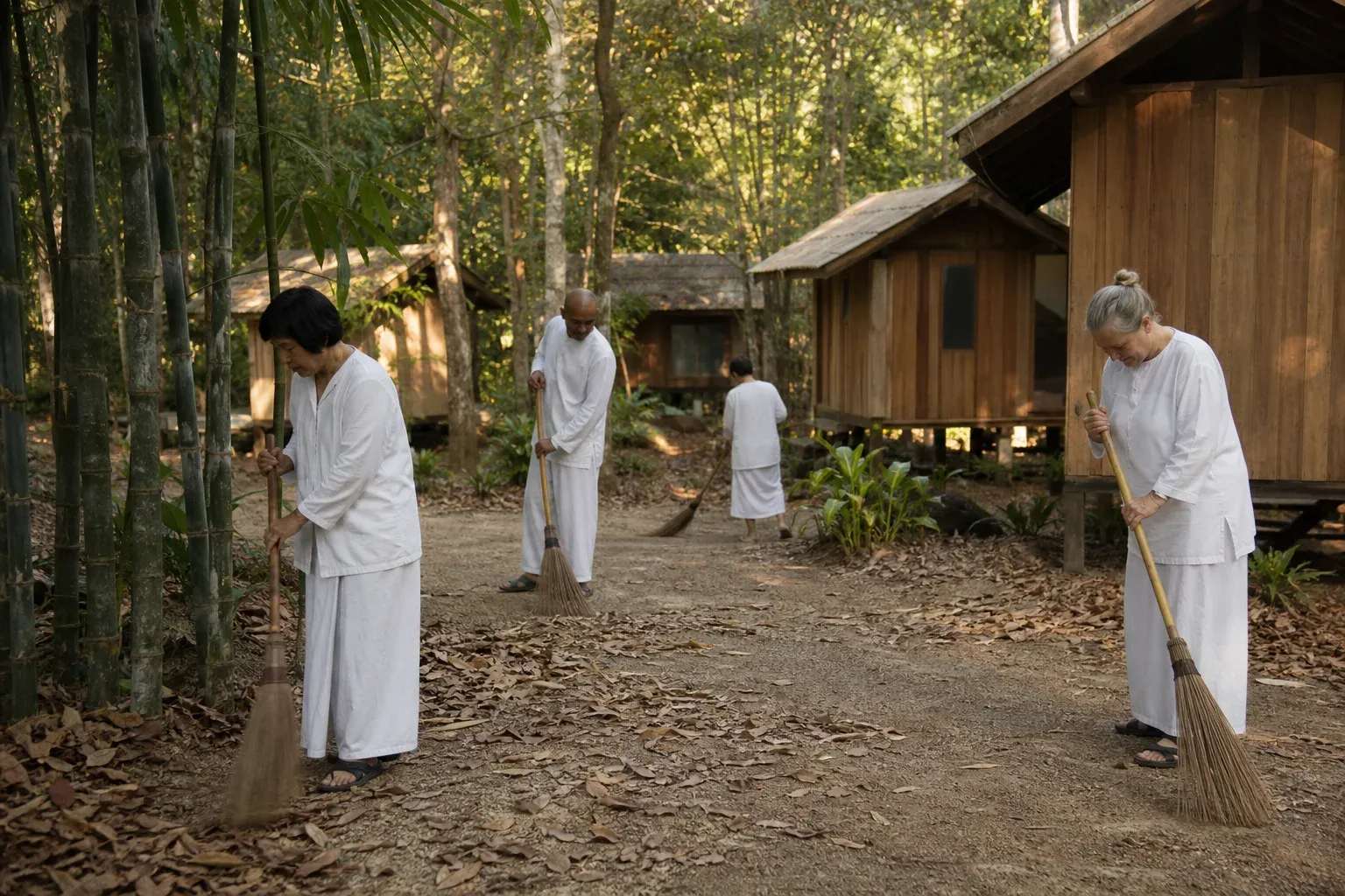 Retreat guests helping sweep leaves at a Thai Forest monastery