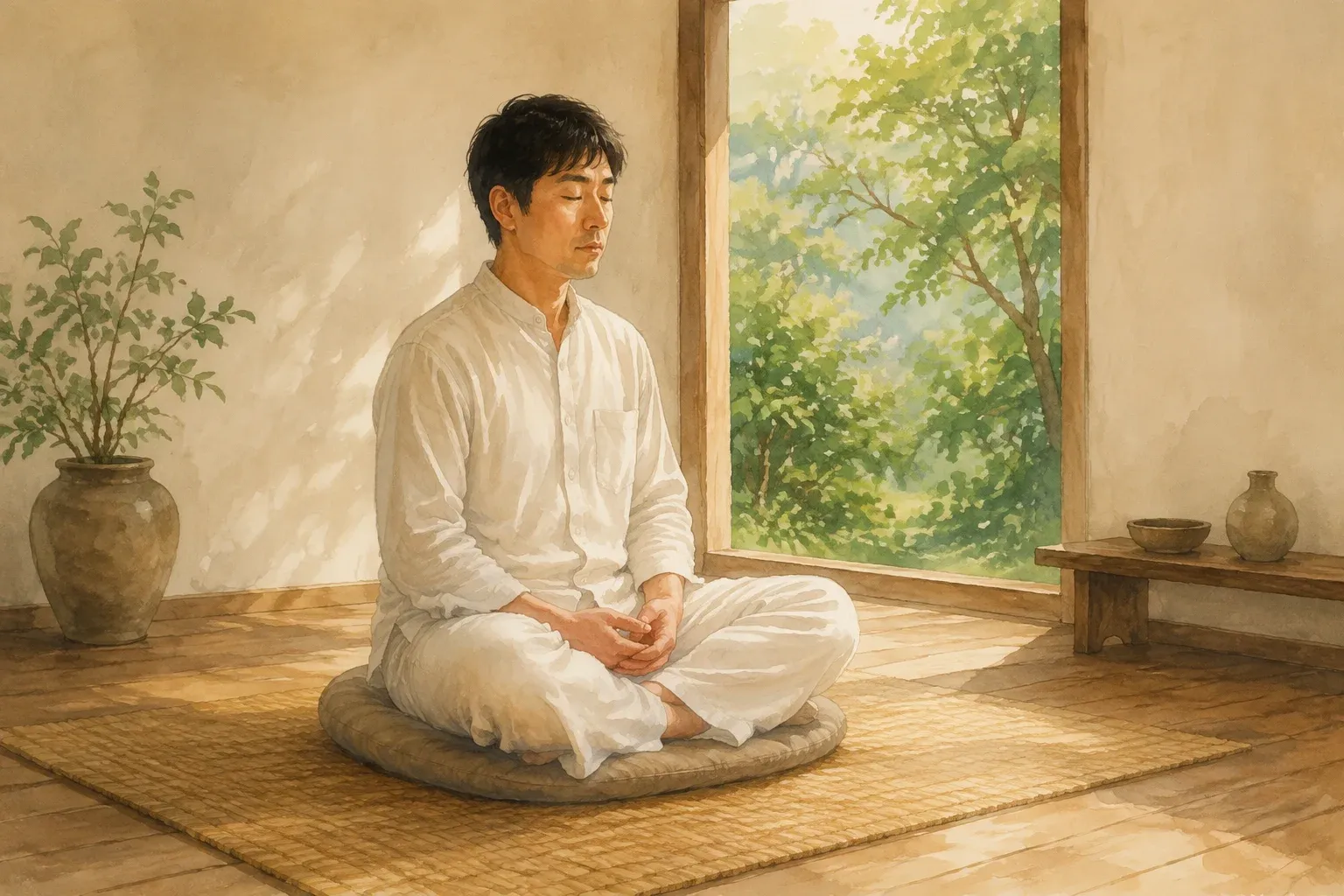Illustration of a lay visitor practising seated meditation