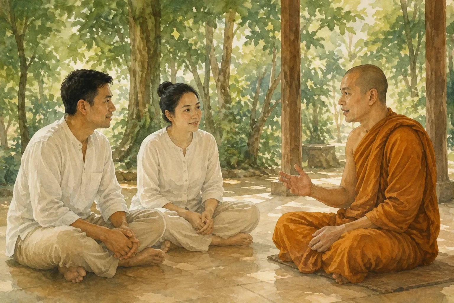 Illustration of lay visitors listening to a monastic