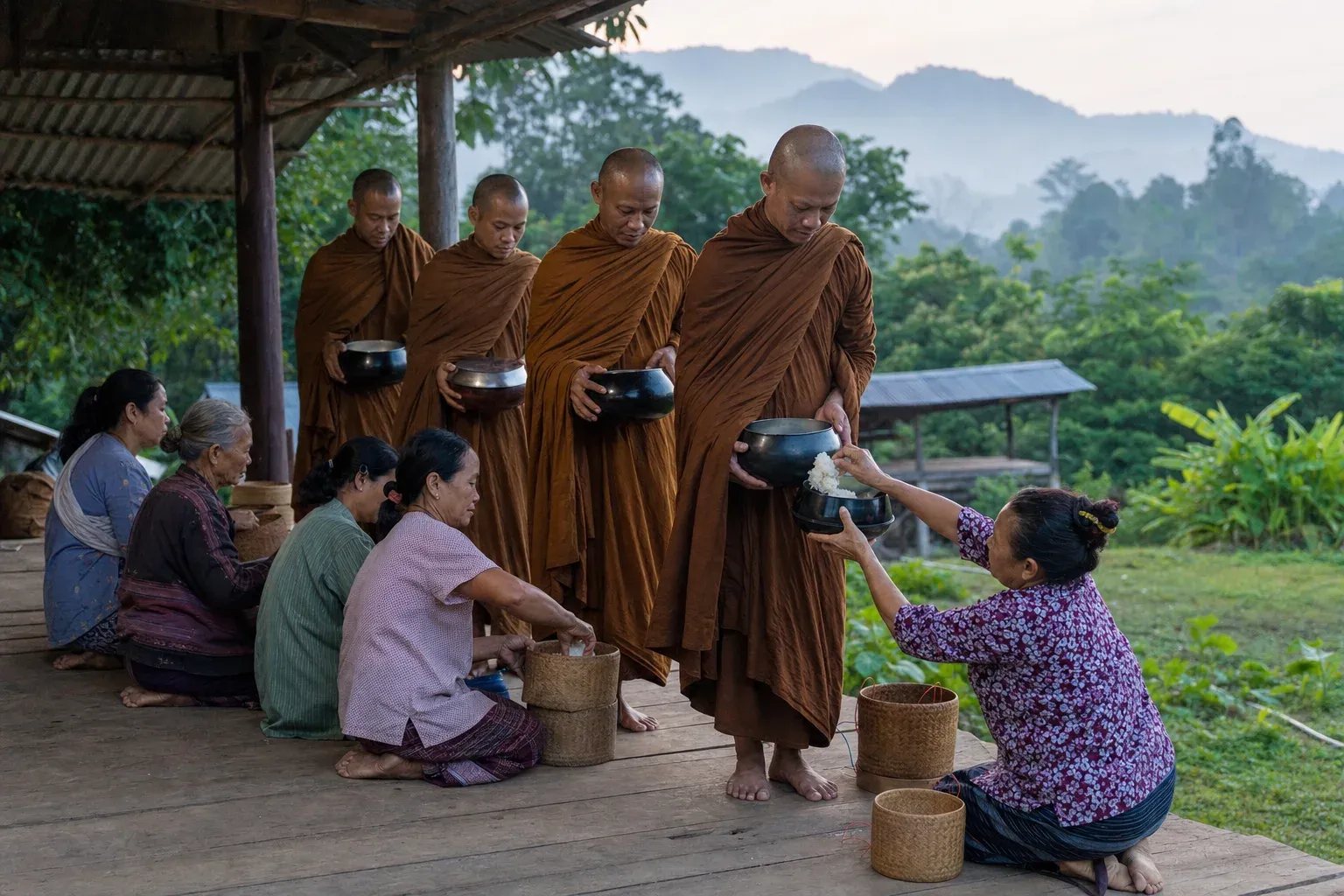 ภาพพระสงฆ์รับภัตตาหารในตอนเช้า