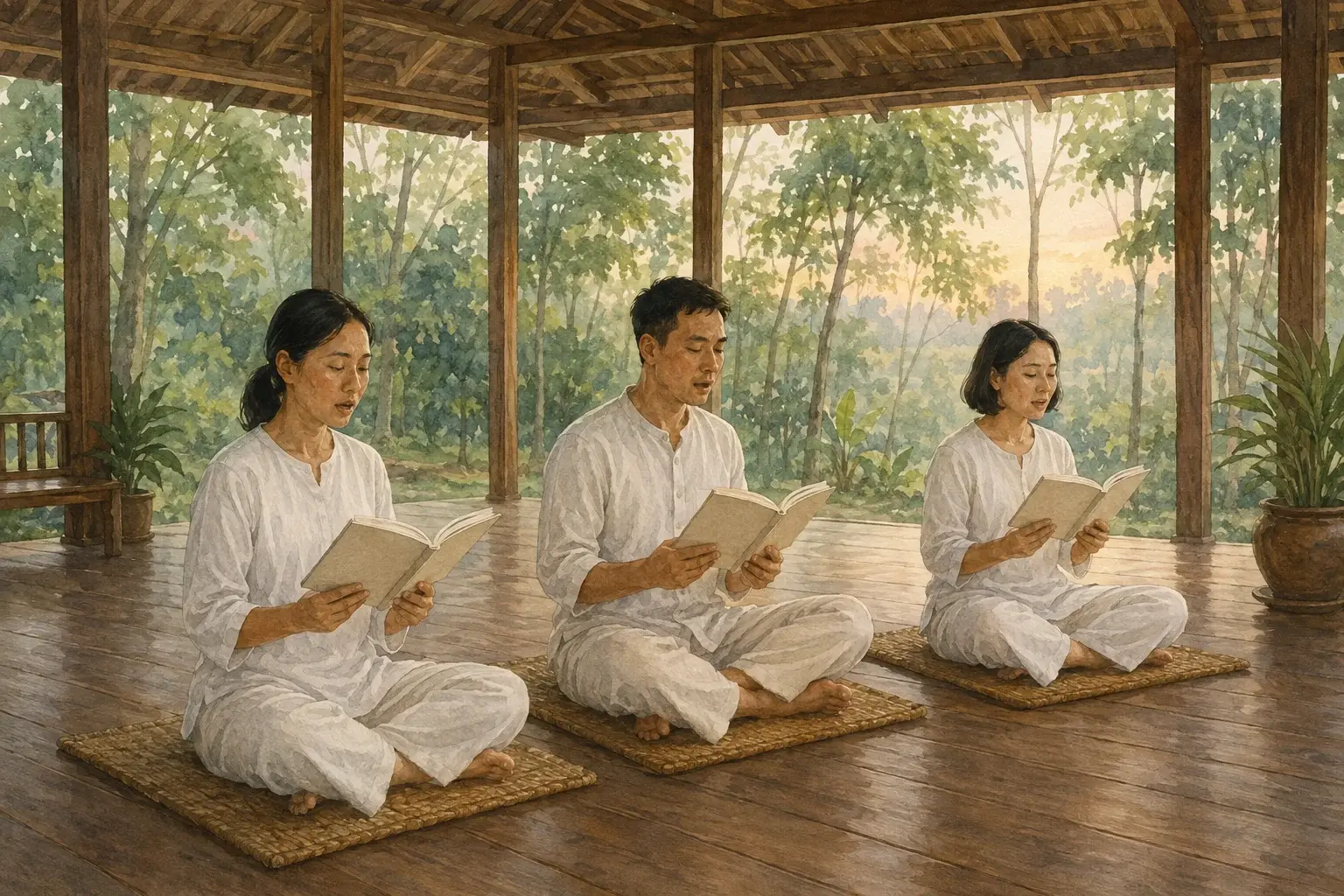 ภาพประกอบการสวดมนต์ในวัดป่าไทยยามเช้ามืด