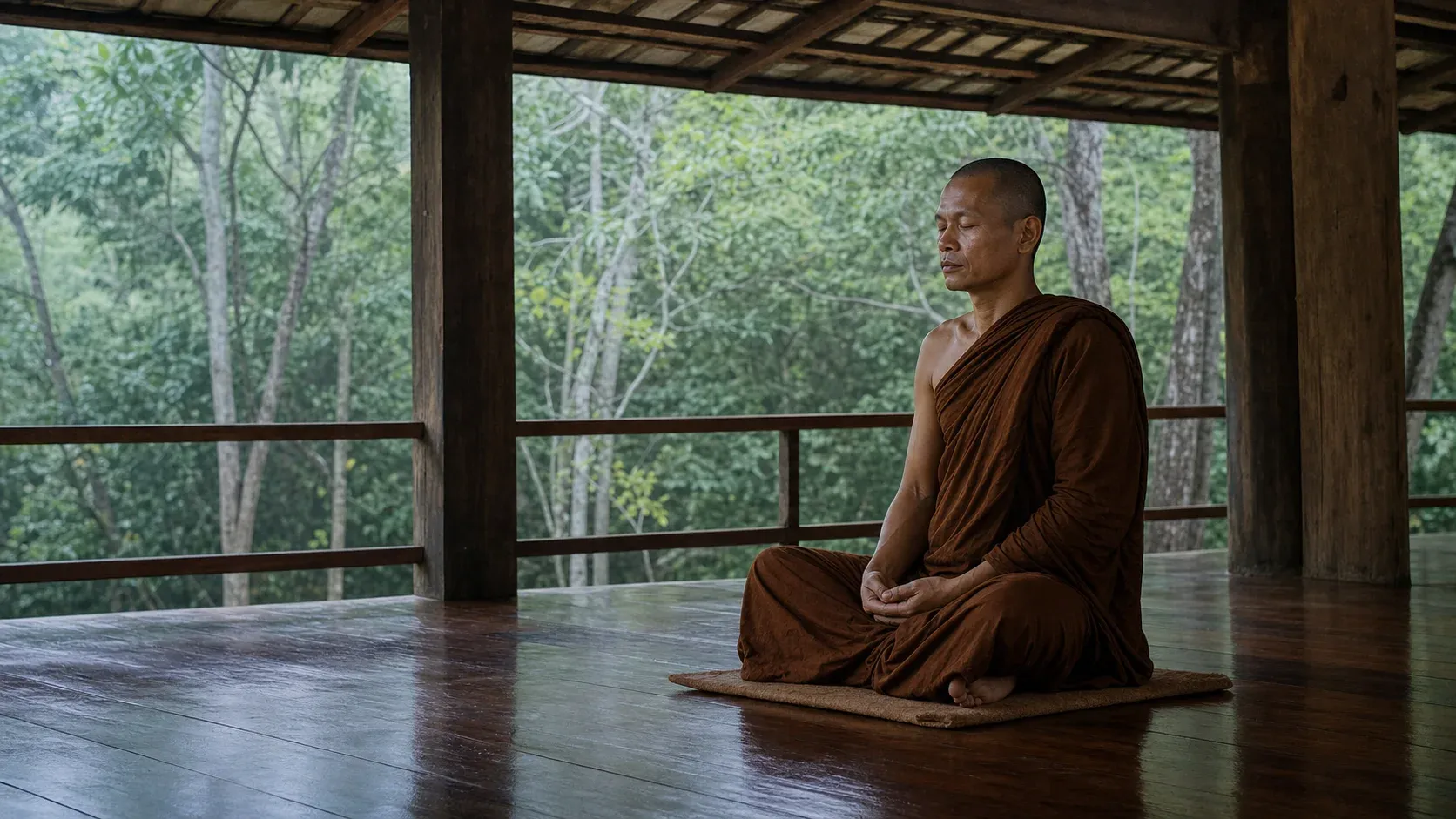 Thai Forest Buddhist monk practising quiet breath meditation in a simple wooden hall