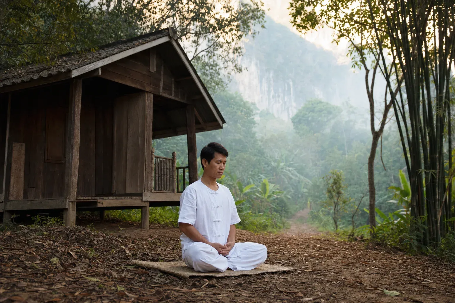 Quiet forest path beside a simple Thai Buddhist meditation hut