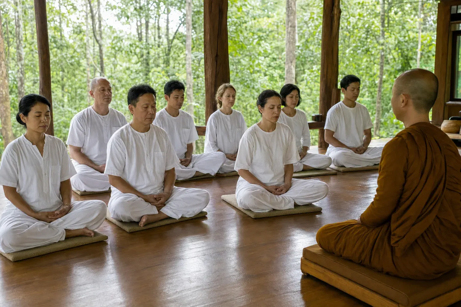 Monks and laypeople cultivating calm during group meditation