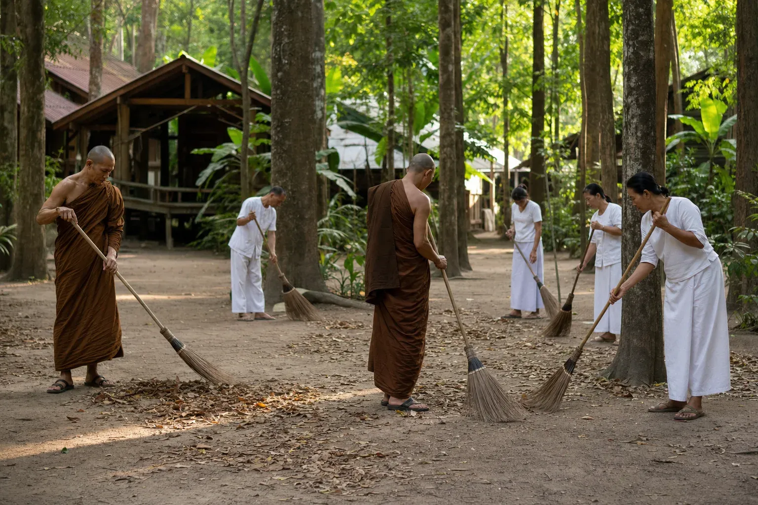 Thai Forest monks and lay practitioners sweeping a monastery path together