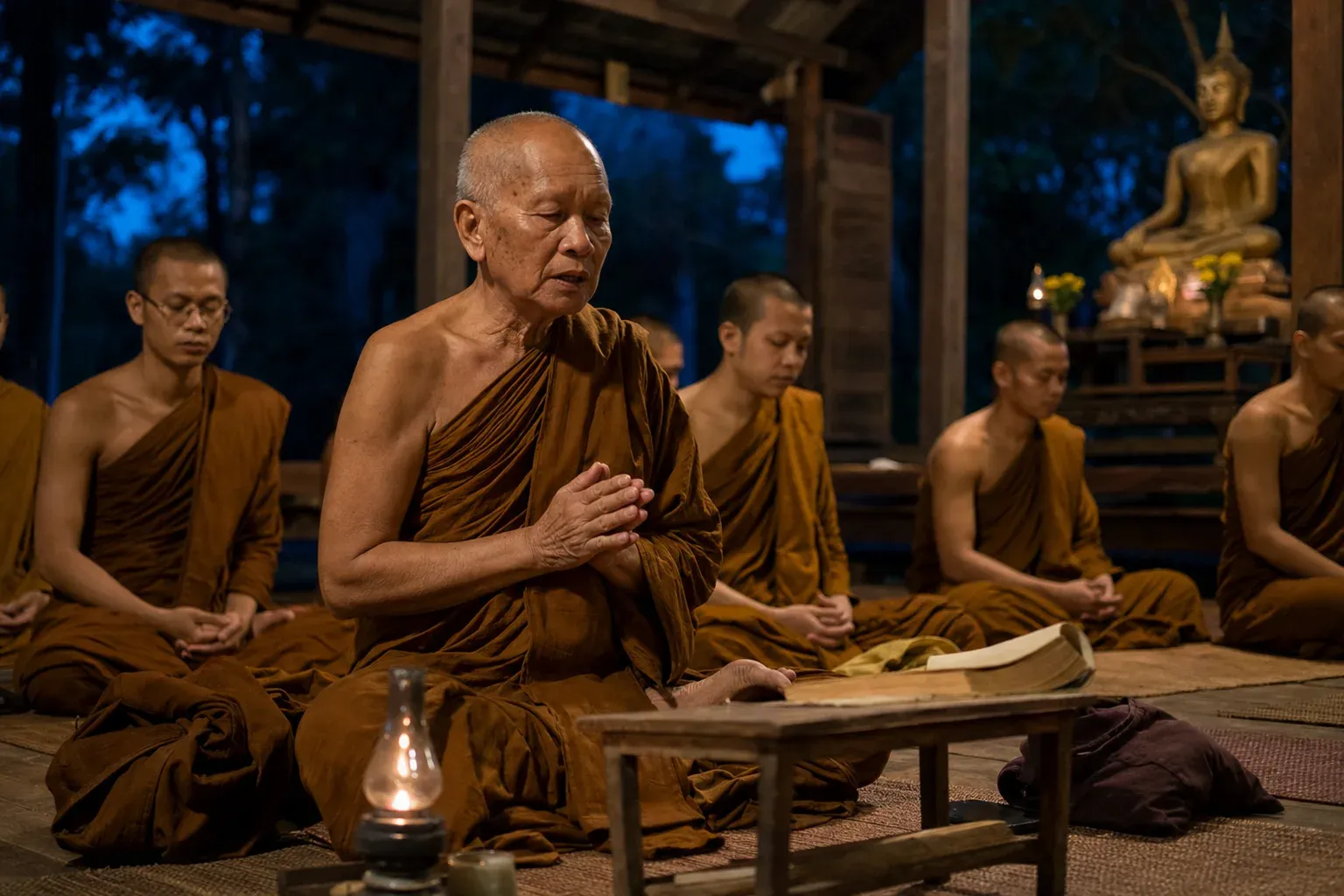 ภาพประกอบพระอาจารย์สายวัดป่านำพระสงฆ์ทำวัตรเย็น
