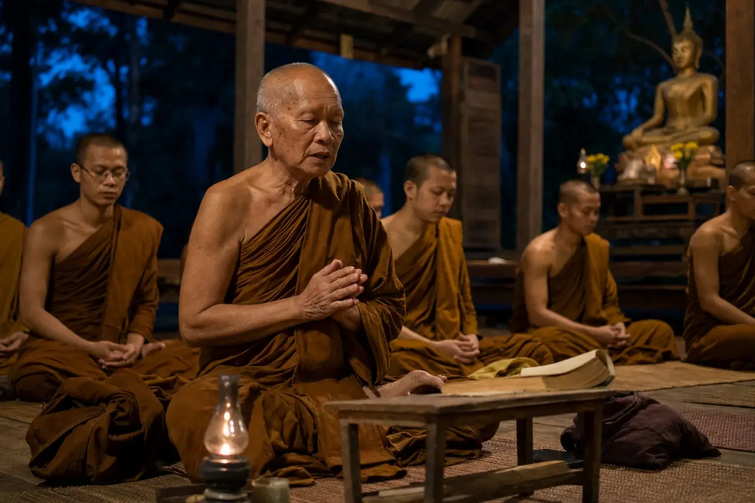 ภาพประกอบพระอาจารย์สายวัดป่านำพระสงฆ์ทำวัตรเย็น