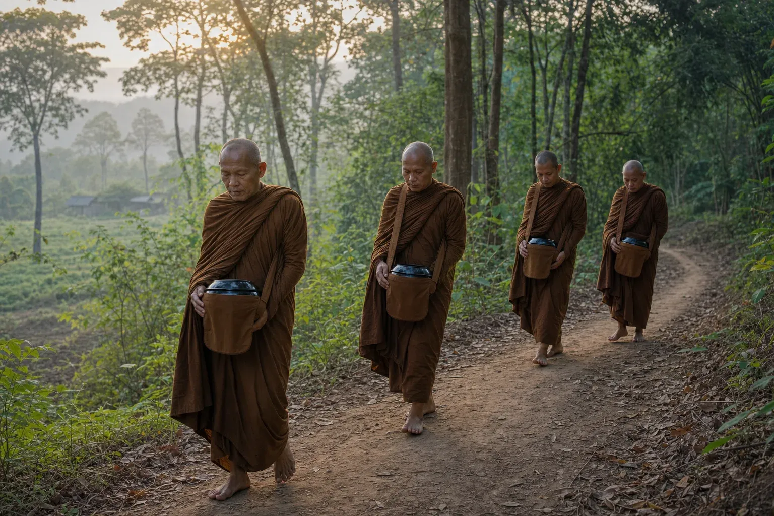 Thai Forest monks walking on almsround at dawn