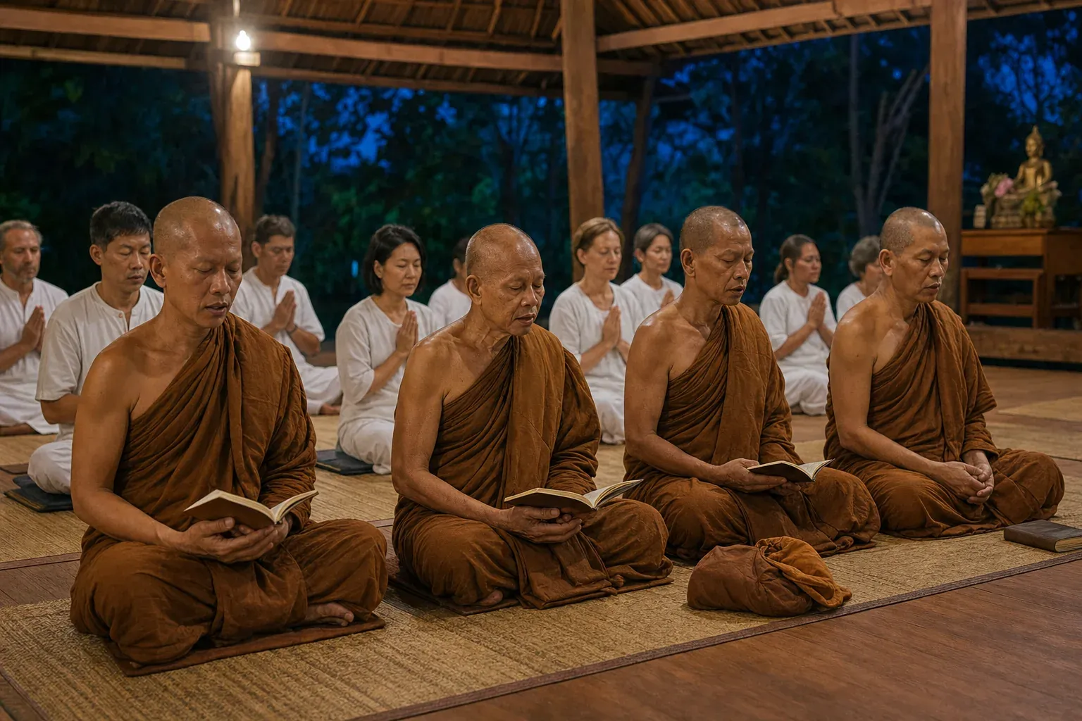 Thai Forest Buddhist monks participating in evening chanting and meditation in a monastery hall