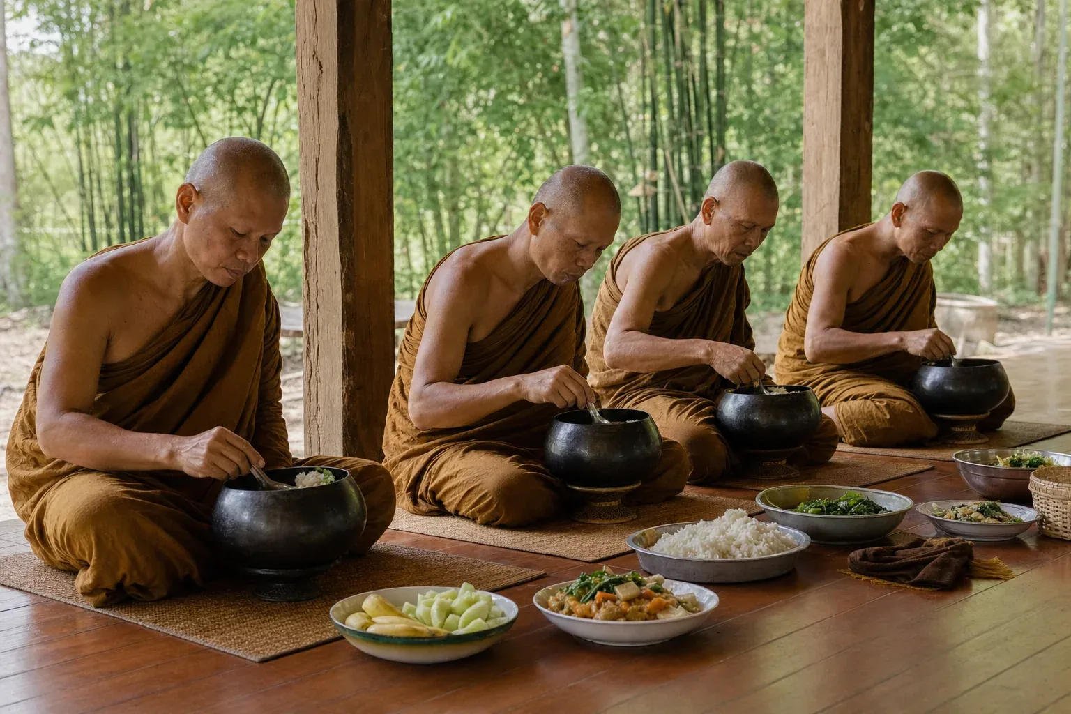 Thai Forest monks eating their morning meal before local solar noon