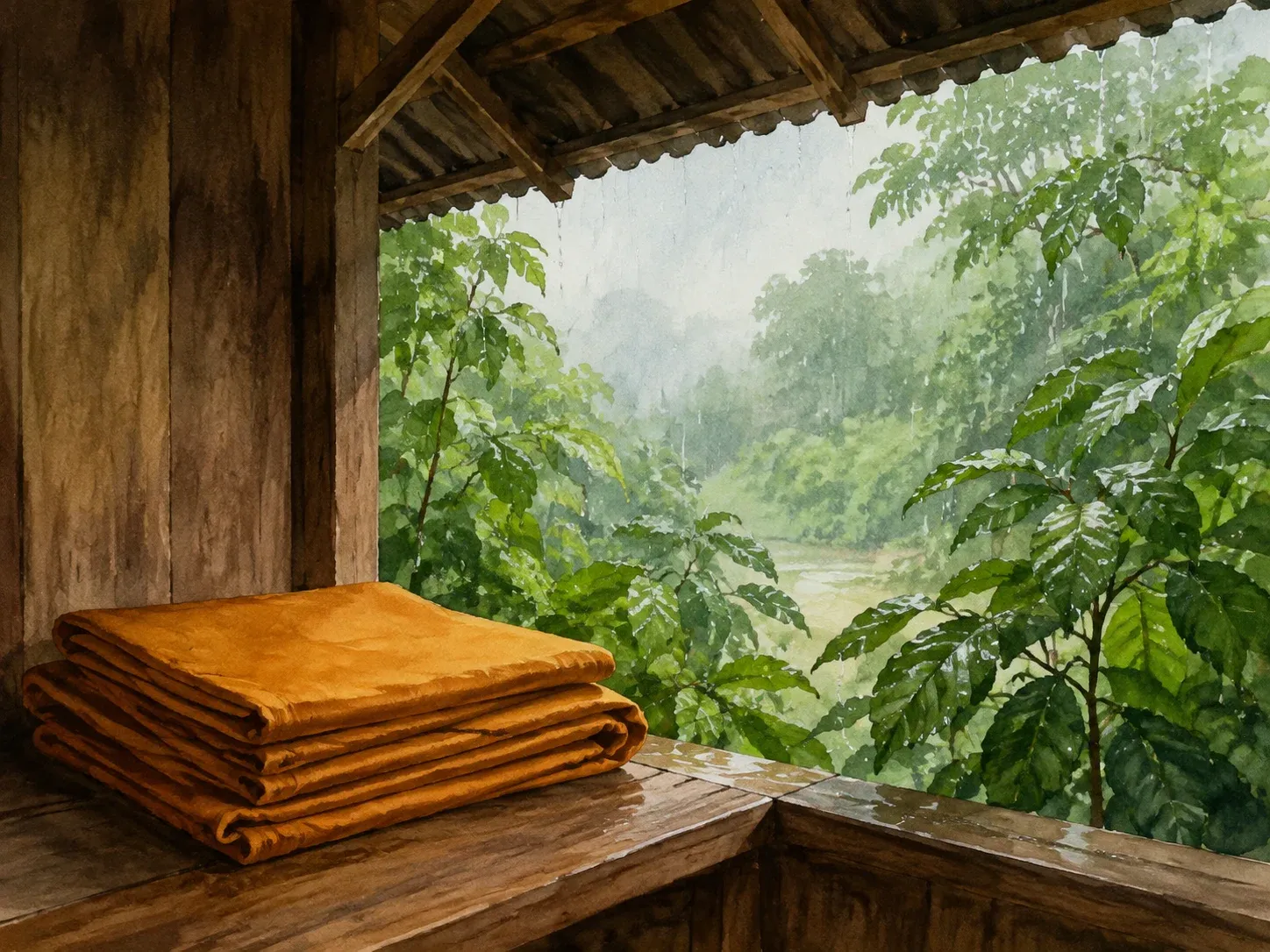 Illustration of monsoon rain and folded robe cloth under shelter