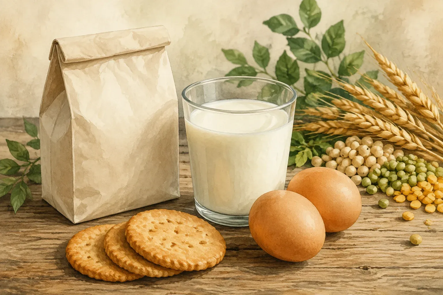 Illustration of milk, eggs and packaged snacks