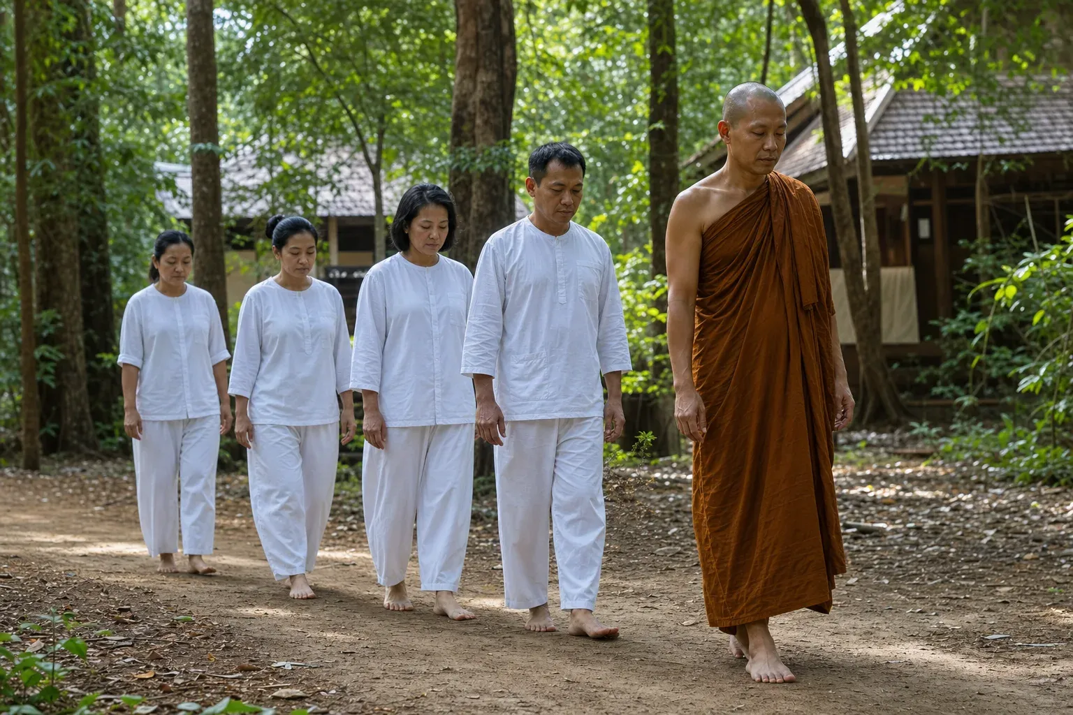 Thai Forest monk practising walking meditation on a forest path