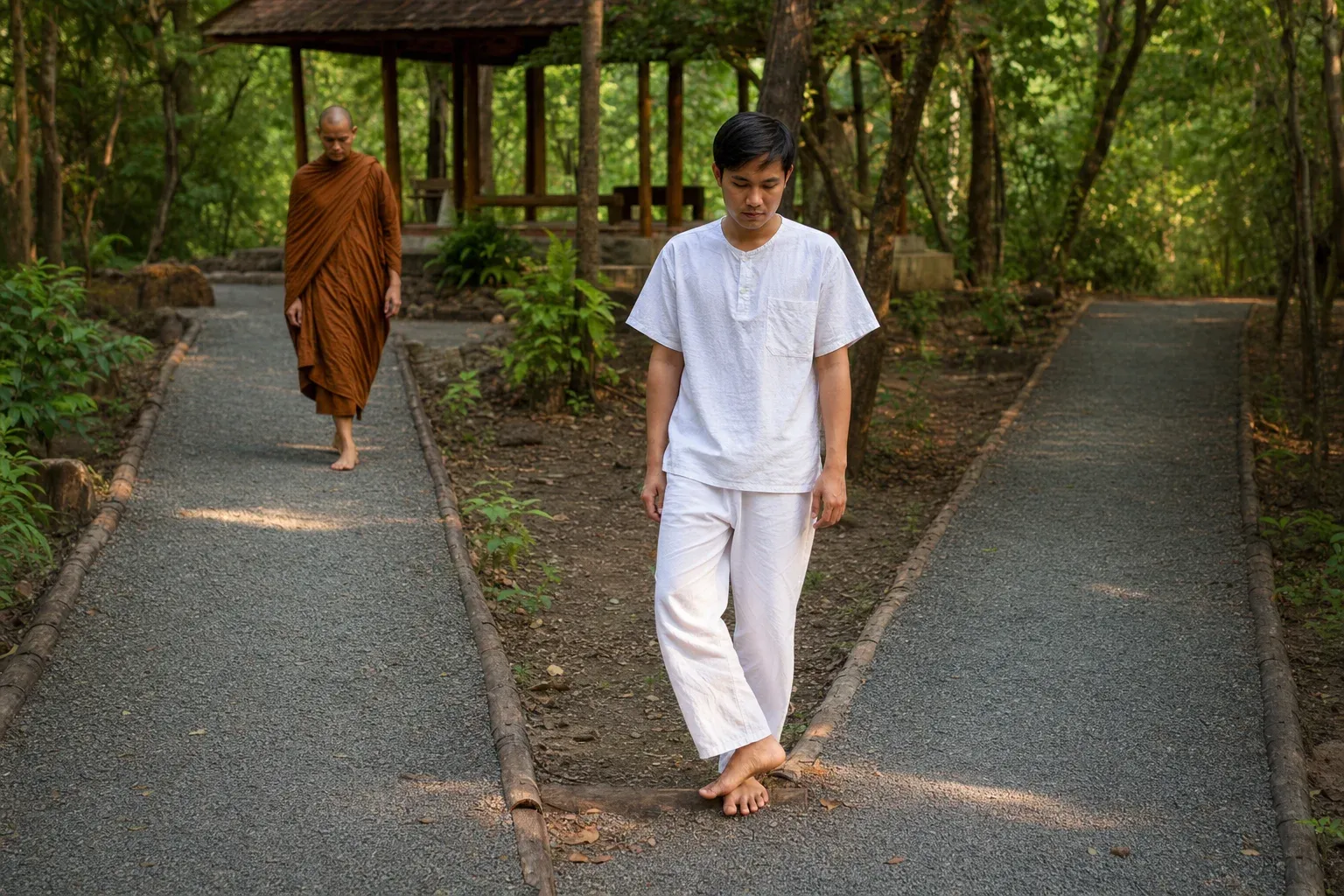 Close view of a meditation practitioner stopping and turning carefully at the end of a walking path