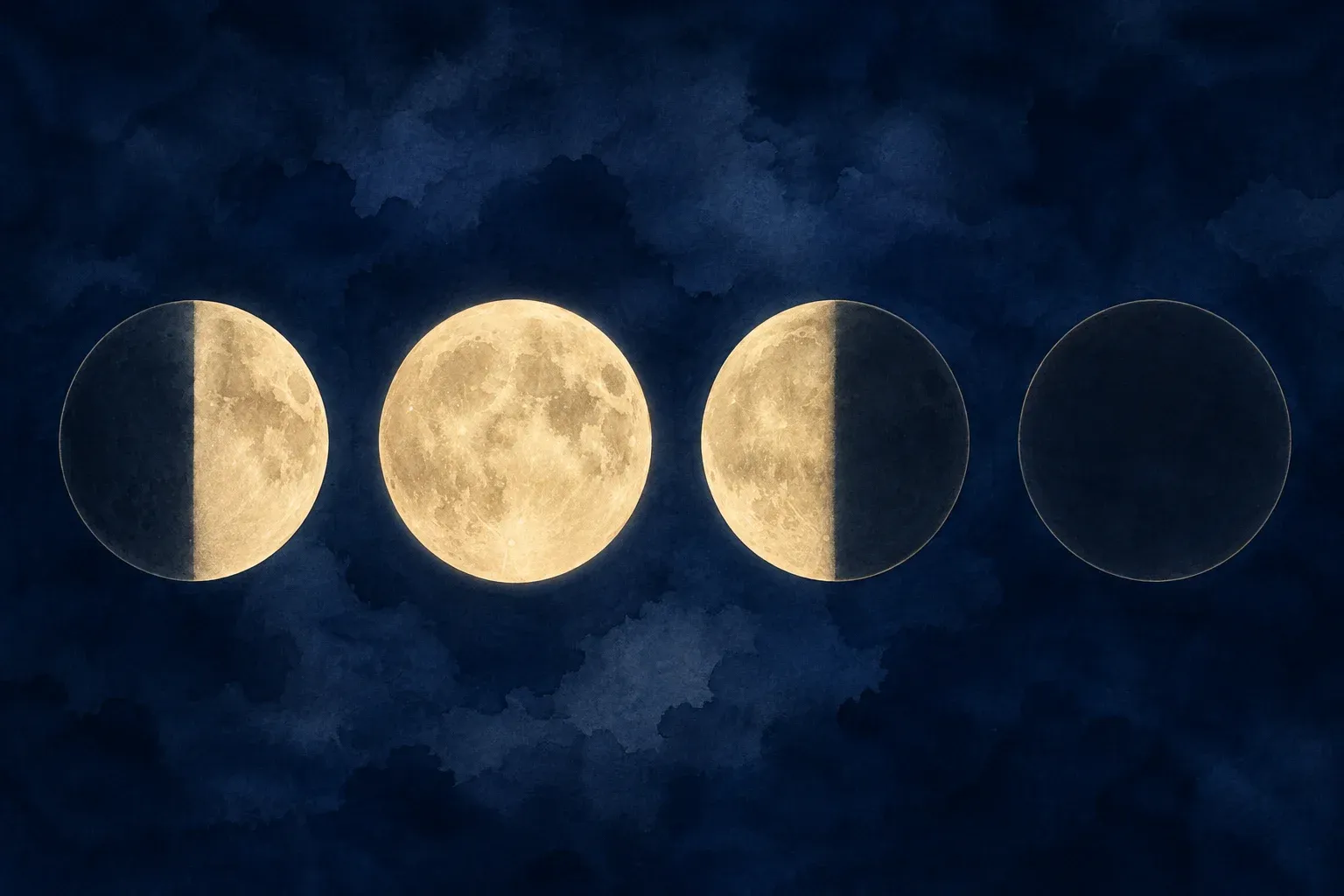 Illustration of waxing half moon, full moon, waning half moon and new moon