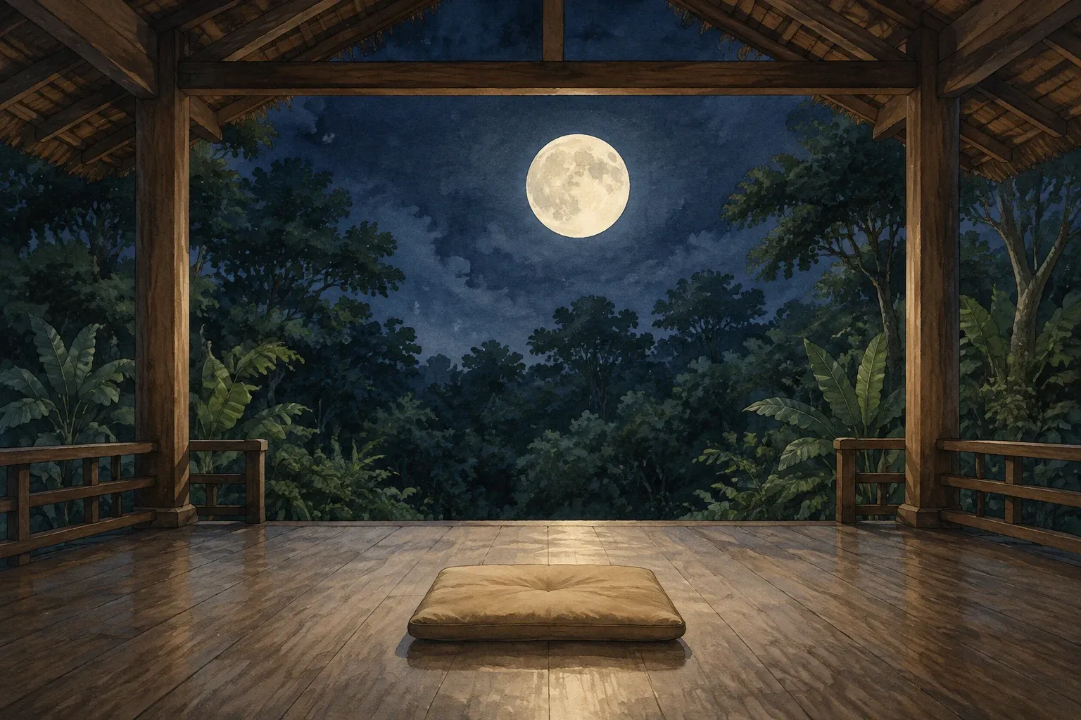 Illustration of moonlight, trees and a meditation cushion