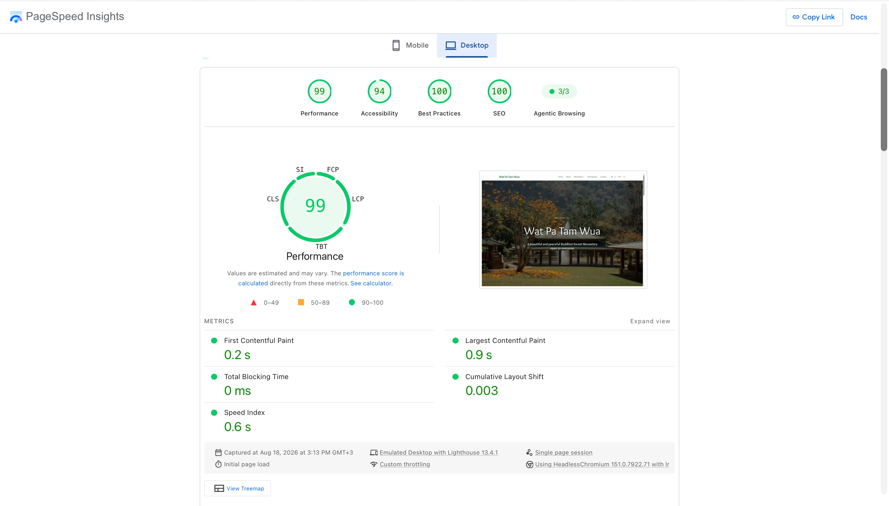 Настольный отчёт PageSpeed Insights для сайта Ват Па Там Вуа с оценкой производительности 99